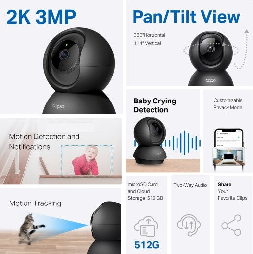 TP Link Pan or Tilt Home Security WiFi Camera Black